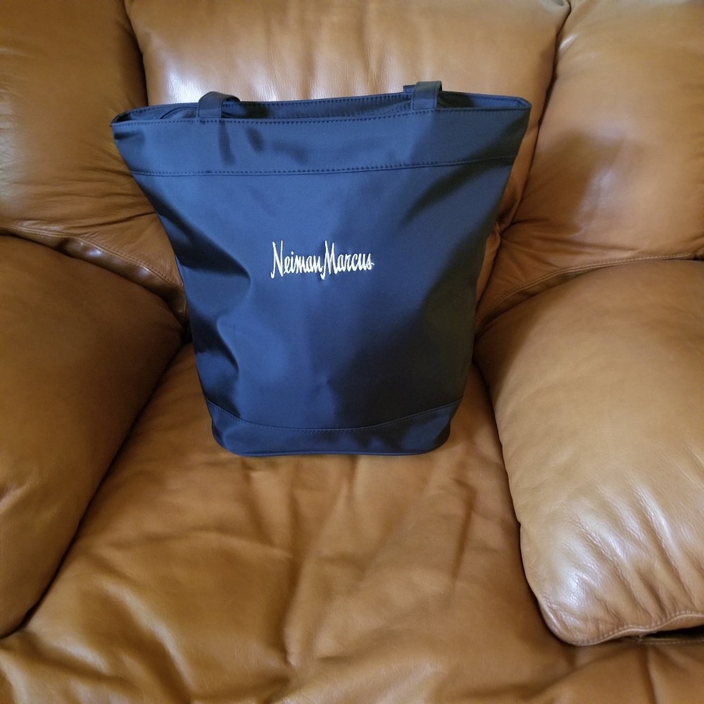 Neiman Marcus  Black Nylon Spell Out Shopper  Tote